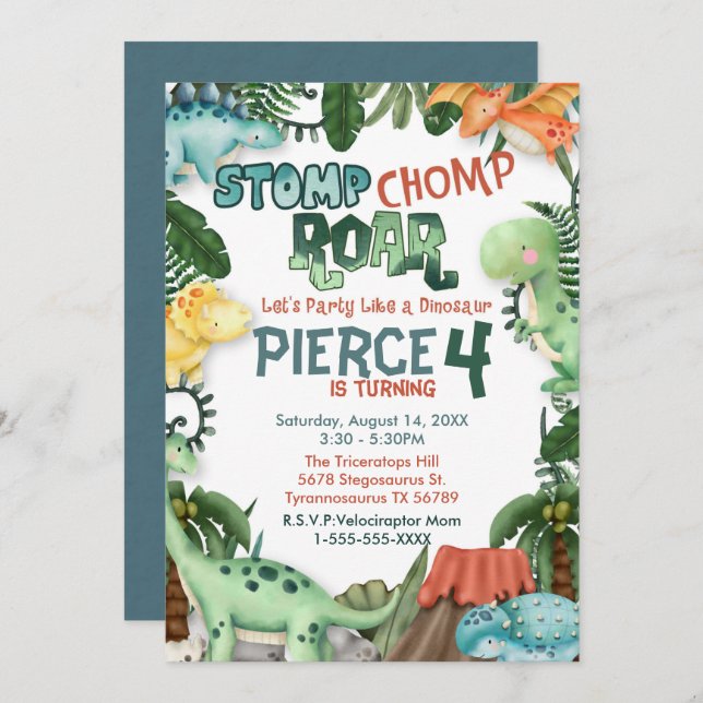 Convite de Aniversário de Festa Como um Dinossauro (Frente/Verso)