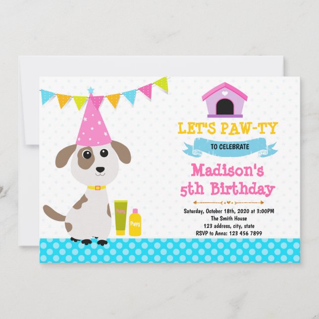 convite de aniversário de festa de cachorrinho fof (Frente)