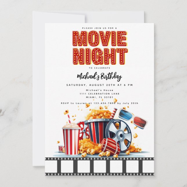 Convite de Aniversário de Festa de Cinema Noturno (Frente)