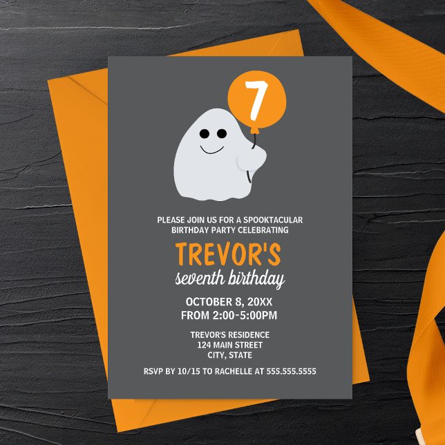 Convite de Aniversário de Festa de Fantasma Cartoo (Orange Minimalist Cartoon Ghost Halloween Birthday Party Invitation)