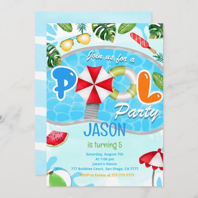 Convite de Aniversário de Festa de piscina (Frente/Verso)