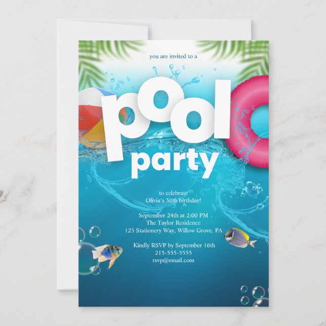 Convite de Aniversário de Festa de Piscina 3D (Frente)