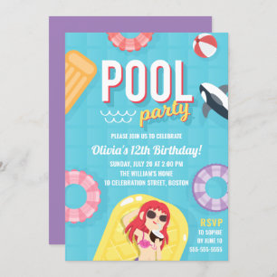 Convite de Aniversário de Festa de piscina Púrpu