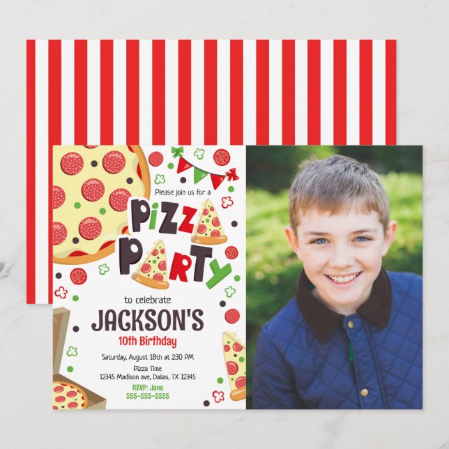 Convite de Aniversário de Festa de Pizza para Cria (Frente/Verso)