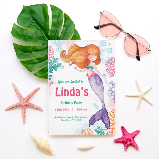 Convite de Aniversário de Festa de Sereia Rosa Per (RAZACLO STORE )