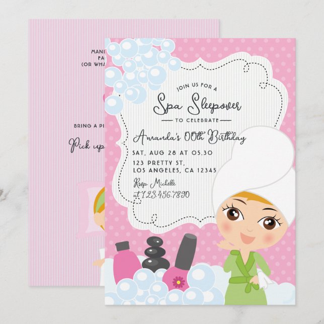 Convite de Aniversário de Festa de Spa para Menina (Frente/Verso)