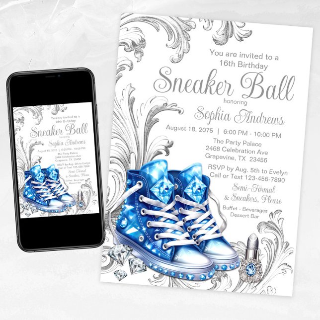 Convite de Aniversário de Festa de Tênis Azul (Blue and Silver Sneaker Ball Invitation with Pretty Blue Diamond Sneakers, Diamonds and Swirls)