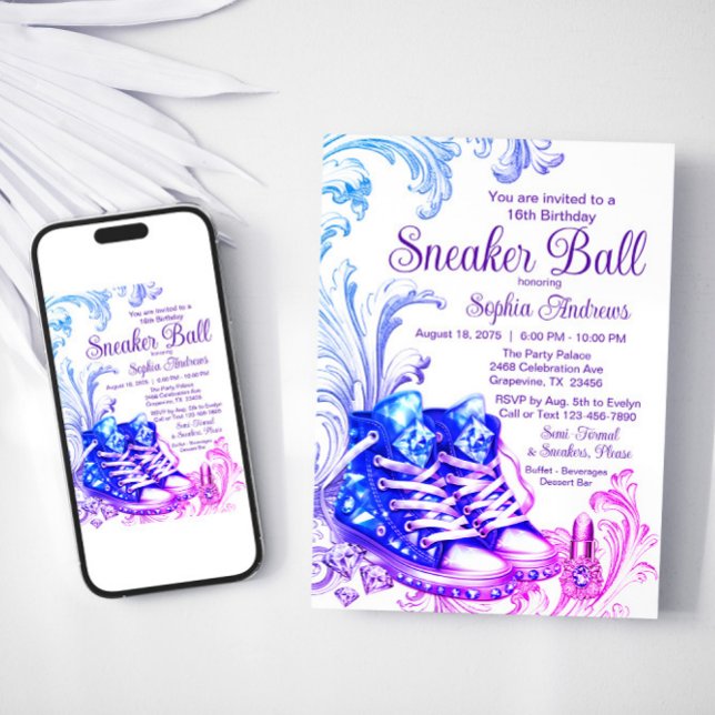 Convite de Aniversário de Festa de Tênis Roxo Azul (Purple teal sneaker ball invitation with bling sneakers. Avaialble for Print and Instant Download.)