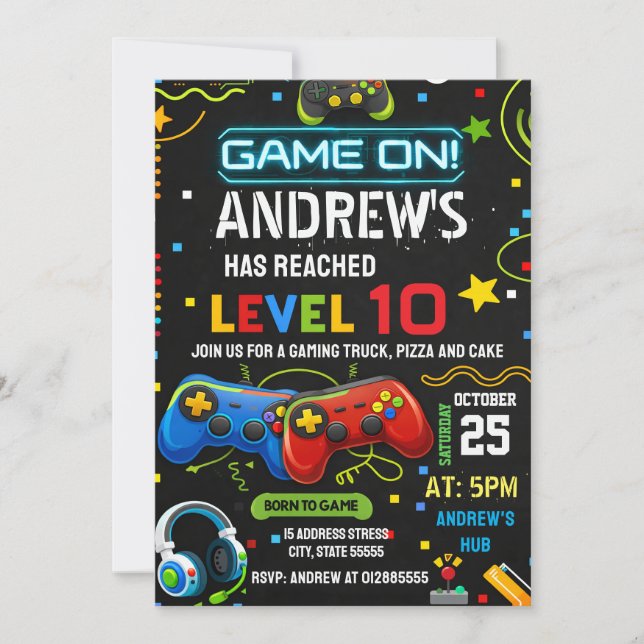 Convite de Aniversário de Festa de Vídeo Game Pess (Frente)