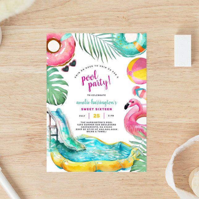 Convite de Aniversário de Festa na Piscina de Verã (Criador carregado)