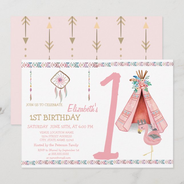 Convite de Aniversário de Flamingo,Capturador de S (Frente/Verso)