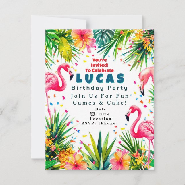 Convite de Aniversário de Flamingo – Personalizado (Frente)