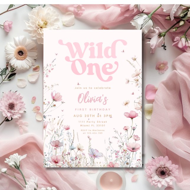 Convite de Aniversário de Flor Silvestre | Rosa Se (Wildflower Birthday Invitation | Pink Wild One)