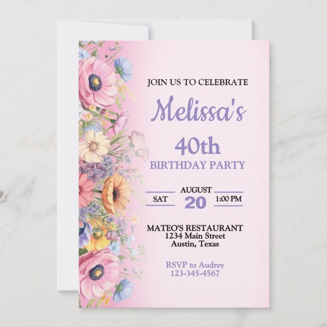 Convite de Aniversário de Flores Pastel Lindas (Frente)