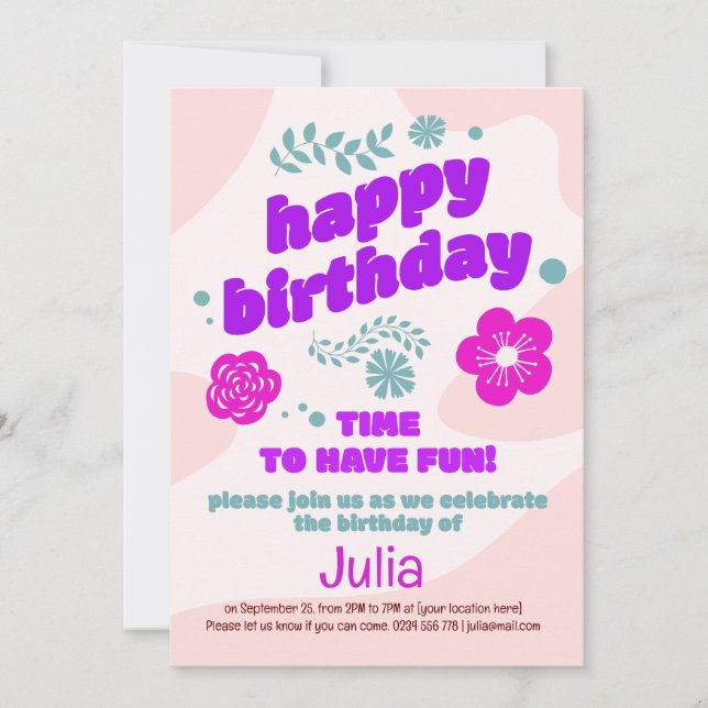 Convite de aniversário de flores roxas, rosa e ros (Frente)
