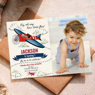Convite de Aniversário de Foto de Avião Vintage Re