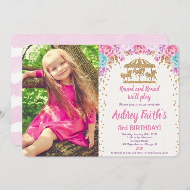Convite de aniversário de foto de ouro rosa de car (Frente/Verso)