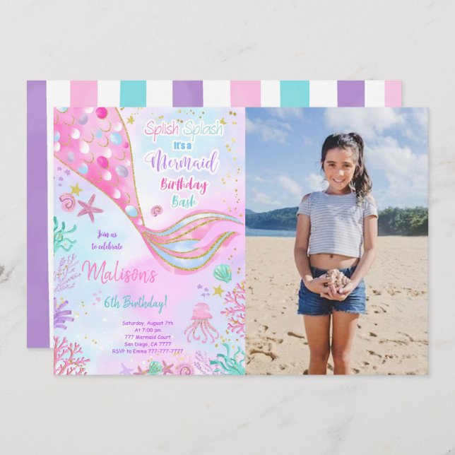 Convite de Aniversário de Foto de Sereia em Aquare (Frente/Verso)