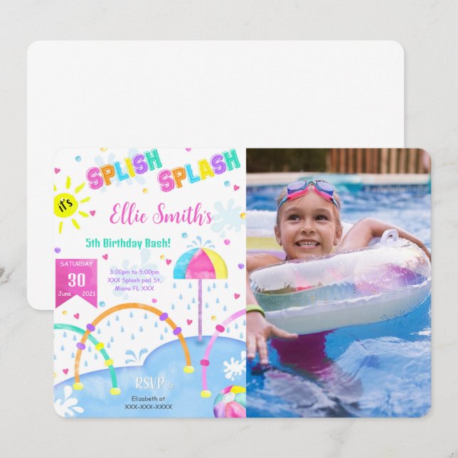 Convite de Aniversário de Foto de Splash Pad Editá (Frente/Verso)