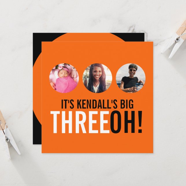 Convite de aniversário de foto do 30 preto laranja (Frente/Verso In Situ)