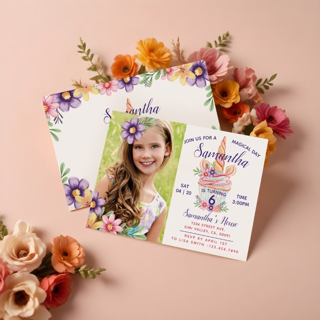 Convite de aniversário de Foto do Cupcake Unicorn (Unicorn Cupcake Photo Birthday Party Invitation)