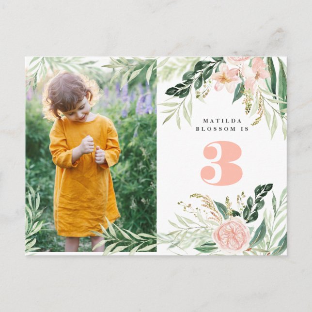 Convite de aniversário de foto floral cor-de-água  (Frente)