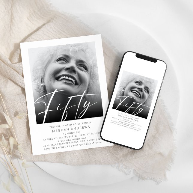 Convite de aniversário de Foto Moderno 50 (Criador carregado)