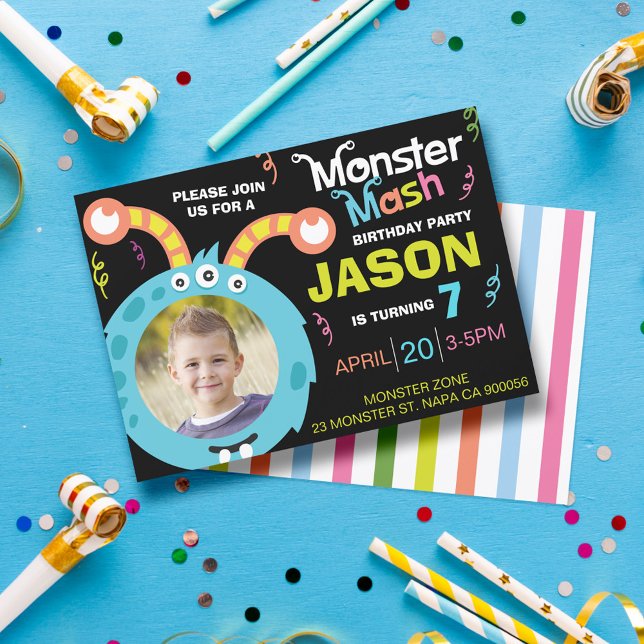Convite de aniversário de Fotografia Mash Monster  (Fun Monster Mash Photo Birthday Party Invitation)