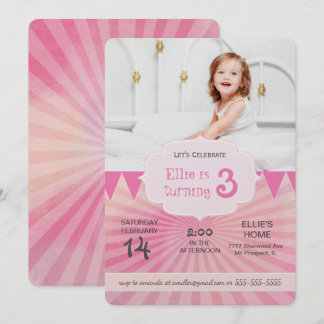 Convite de aniversário de fotos | Cor-de-rosa