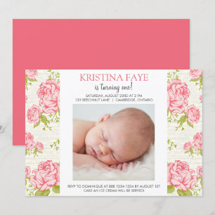 Convite de aniversário de Fotos Vintage Pink Rose