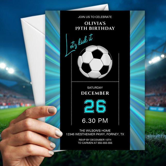 Convite de Aniversário de Futebol Azul e Preto Ele (Criador carregado)