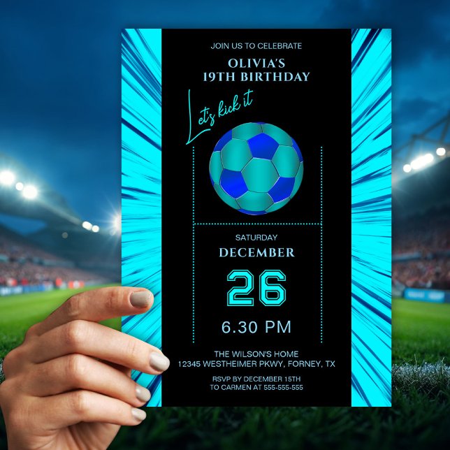 Convite de Aniversário de Futebol Azul Néon Modern (Criador carregado)