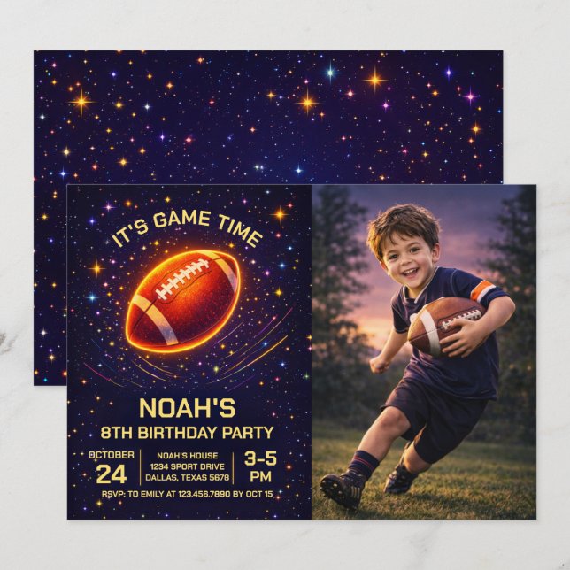 Convite de Aniversário de Futebol com Efeito Neon (Frente/Verso)