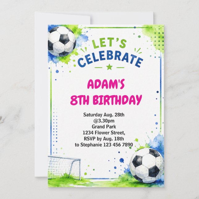 Convite de aniversário de futebol em aquarela (Frente)
