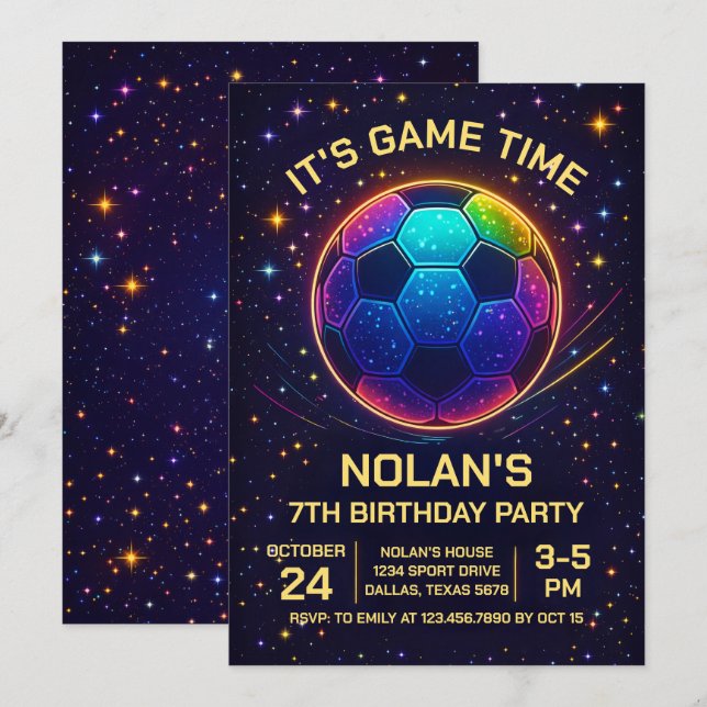 Convite de Aniversário de Futebol Neon (Frente/Verso)