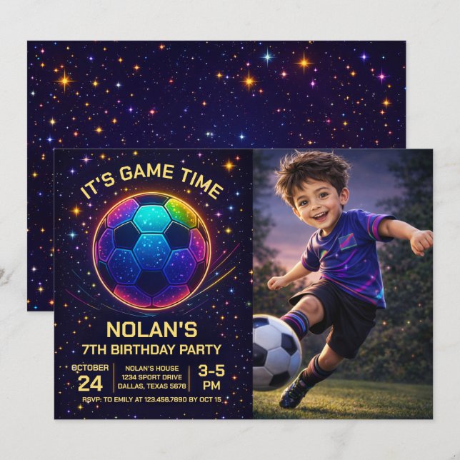 Convite de Aniversário de Futebol Neon com Foto (Frente/Verso)