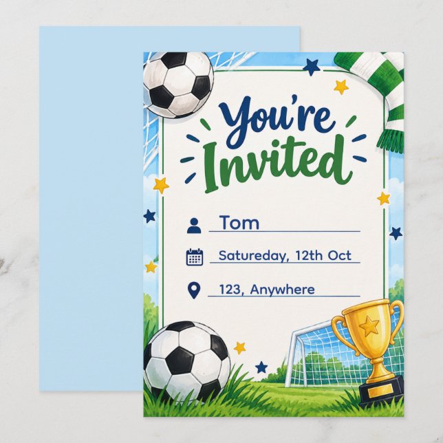 Convite de Aniversário de Futebol, Tema Futebol  (Frente/Verso)