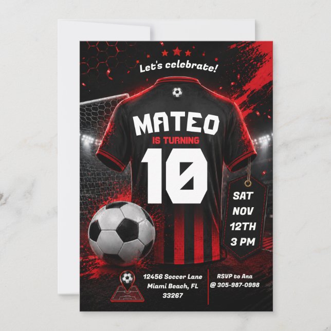 Convite de Aniversário de Futebol Vermelho de Fund (Frente)
