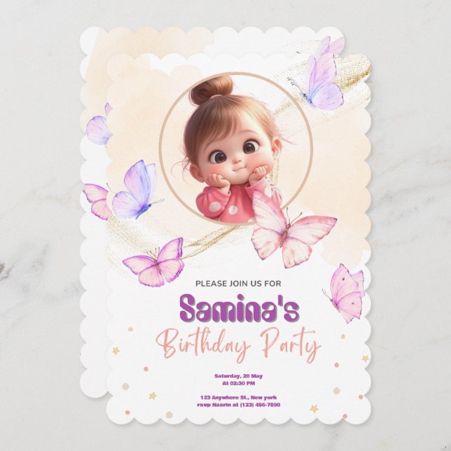 Convite de aniversário de Garota Bonita Rosa (Frente/Verso)