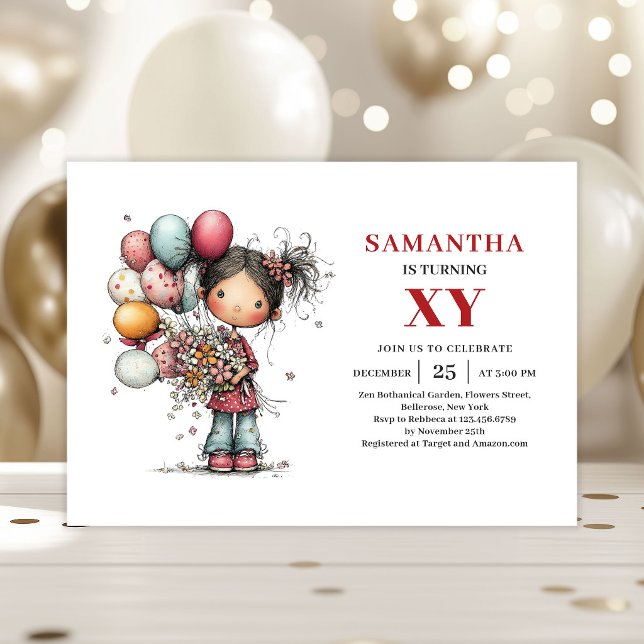 Convite de aniversário de garota de desenho animad (Quirky Cartoon Girl Birthday invitation)