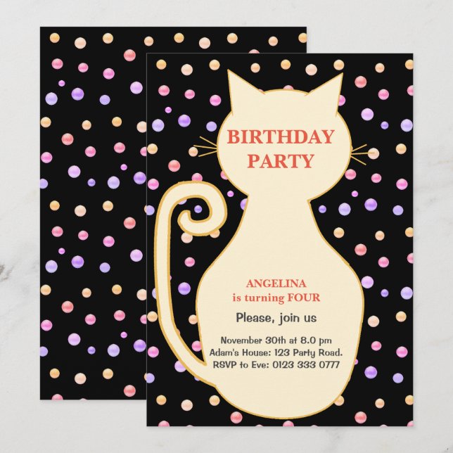 Convite de Aniversário de Garota Gato (Frente/Verso)