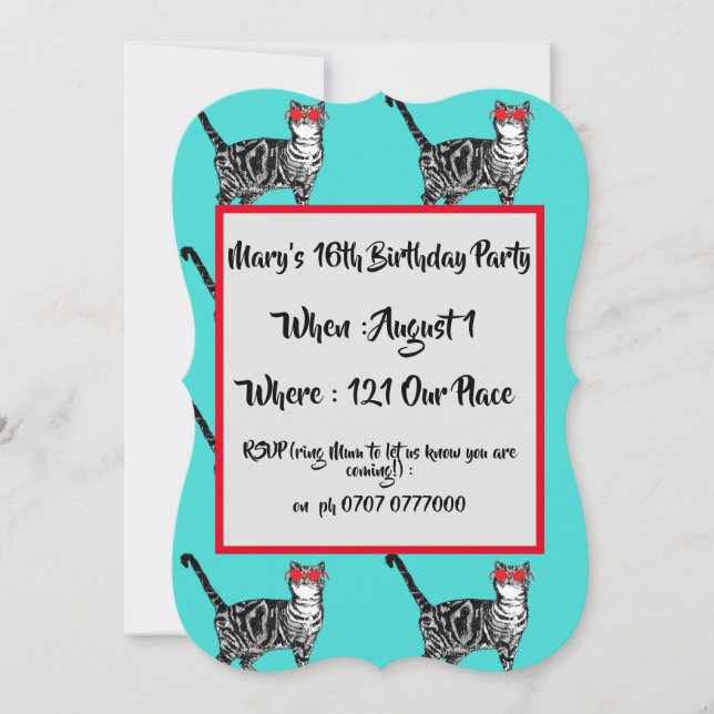 Convite de Aniversário de Gata Aqua para Meninas A (Frente)