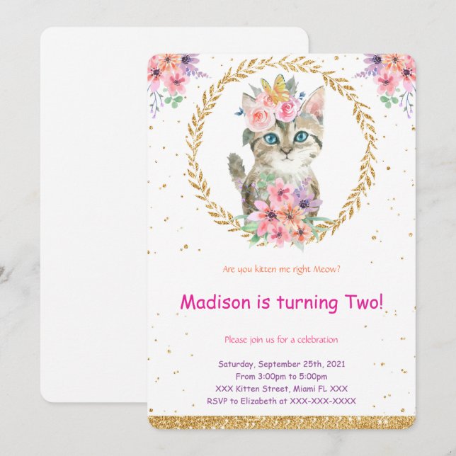 Convite de Aniversário de Gatinho (Frente/Verso)