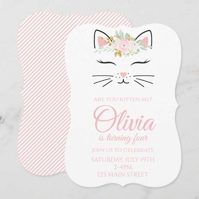 Convite de aniversário de gatinho com rosto de gat (Frente/Verso)