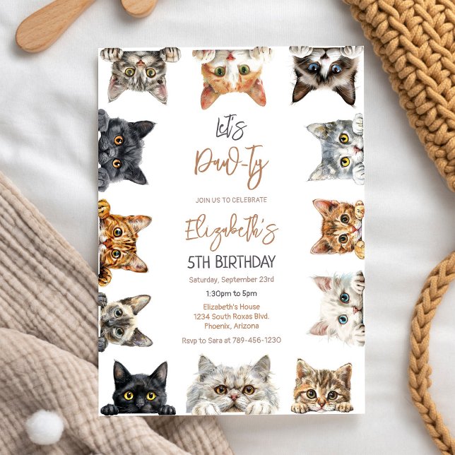 Convite de Aniversário de Gatinho Festa Let's Pawt (Criador carregado)