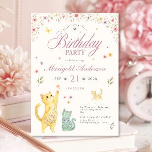 Convite de Aniversário de Gatinho Floral para Meni