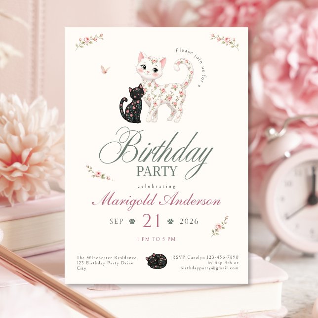 Convite de Aniversário de Gatinho no Jardim de Ros (Rose Garden Cat Birthday Invitation for Girls)