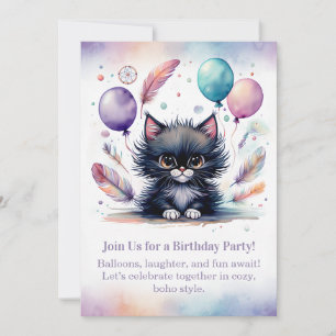 Convite de aniversário de gatinho preto Fofo Boho 