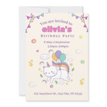 Convite de Aniversário de Gatinho Unicórnio Arco-Í