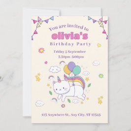 Convite de Aniversário de Gatinho Unicórnio Arco-Í